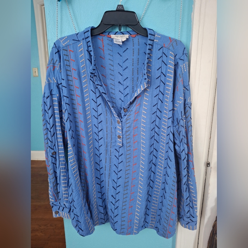 Tru Luxe Jeans Tunic Top Blue Stitched Fabric Excellent Pre-own Women's Sz Lg